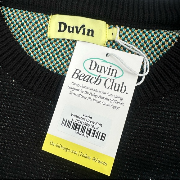 DUVIN BEACH CLUB Knit Sweater Windsurf Crew Mens L Black Cotton Unisex TAGS - Picture 3 of 10